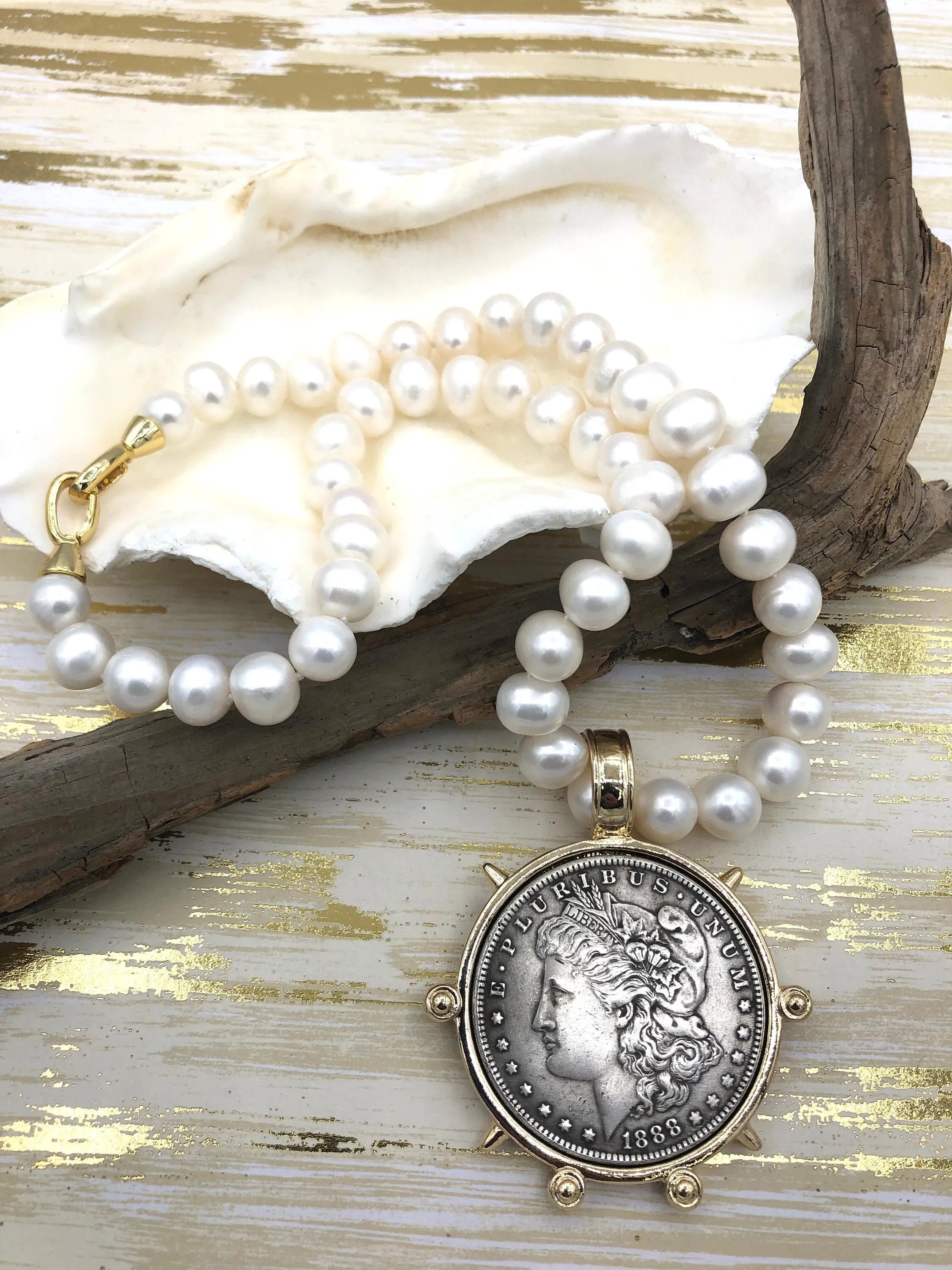 16.5'' AA  9mm White Near Round Freshwater Pearl Necklace,Natural Freshwater 4 clasp colors, Hand Knotted, High Luster,Fast Ship