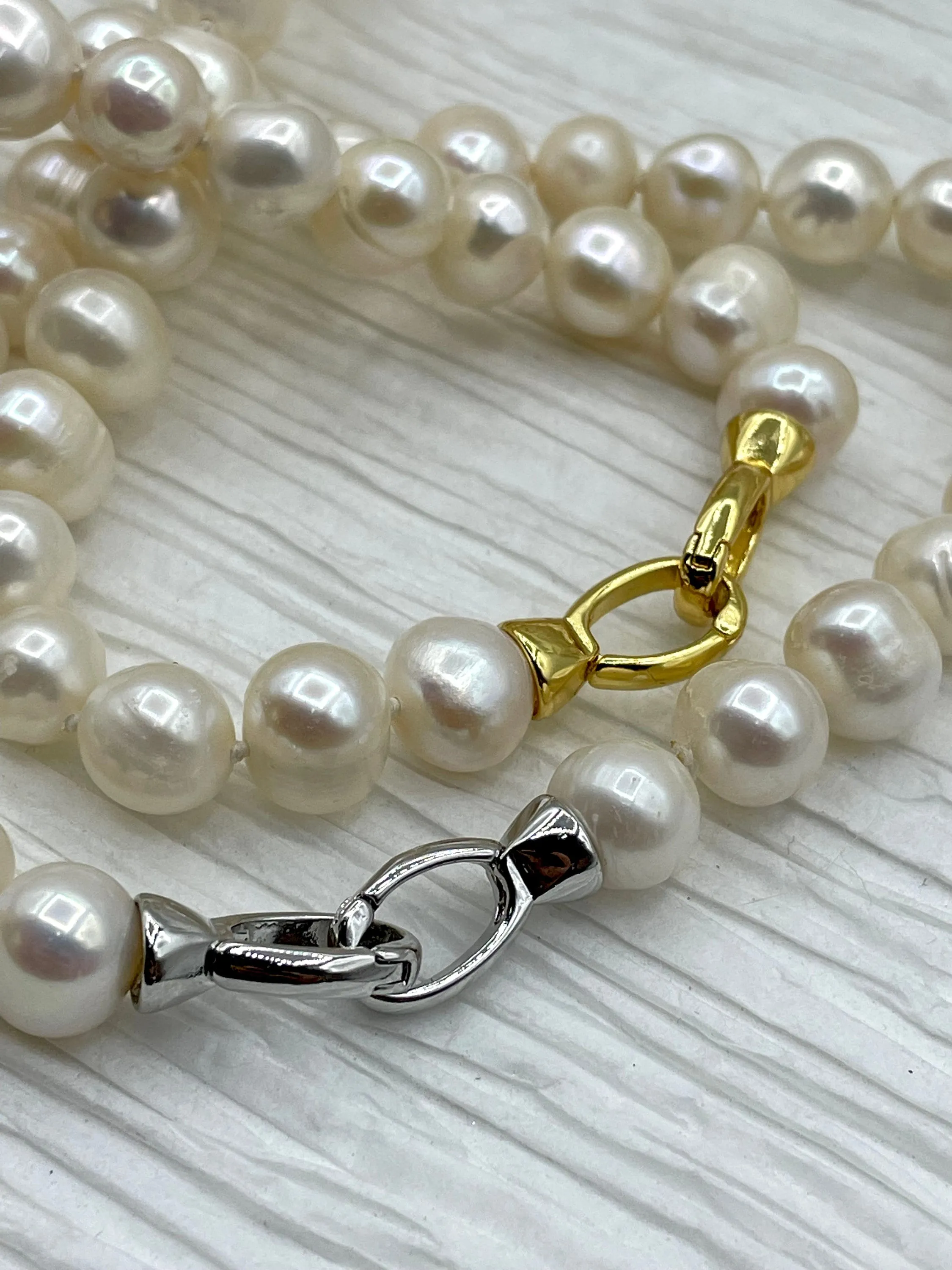 16.5'' AA  9mm White Near Round Freshwater Pearl Necklace,Natural Freshwater 4 clasp colors, Hand Knotted, High Luster,Fast Ship