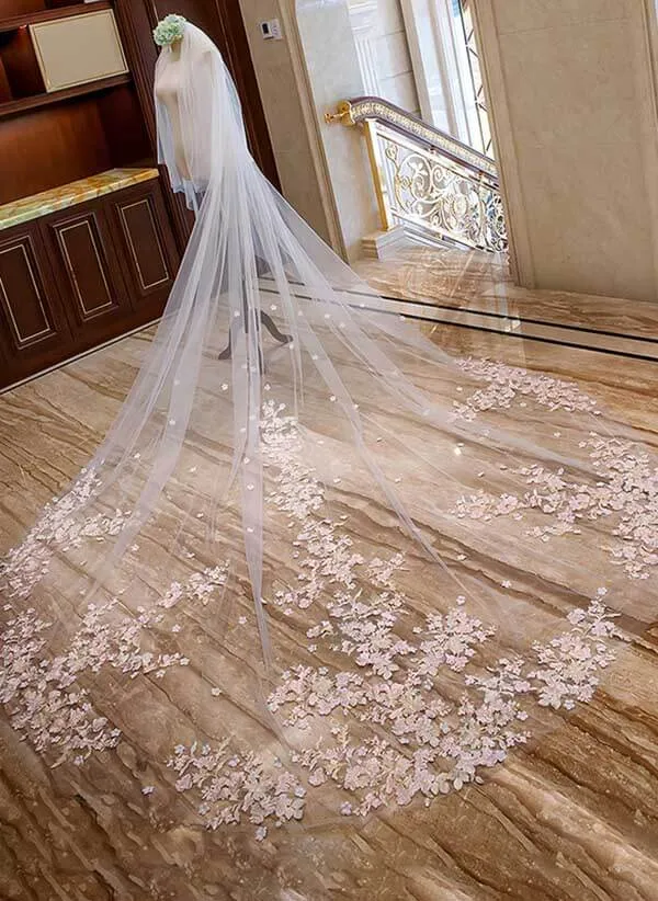 3.5m Chapel Lace Two Tier Blush Wedding Veil With Pink Flowers, SV012