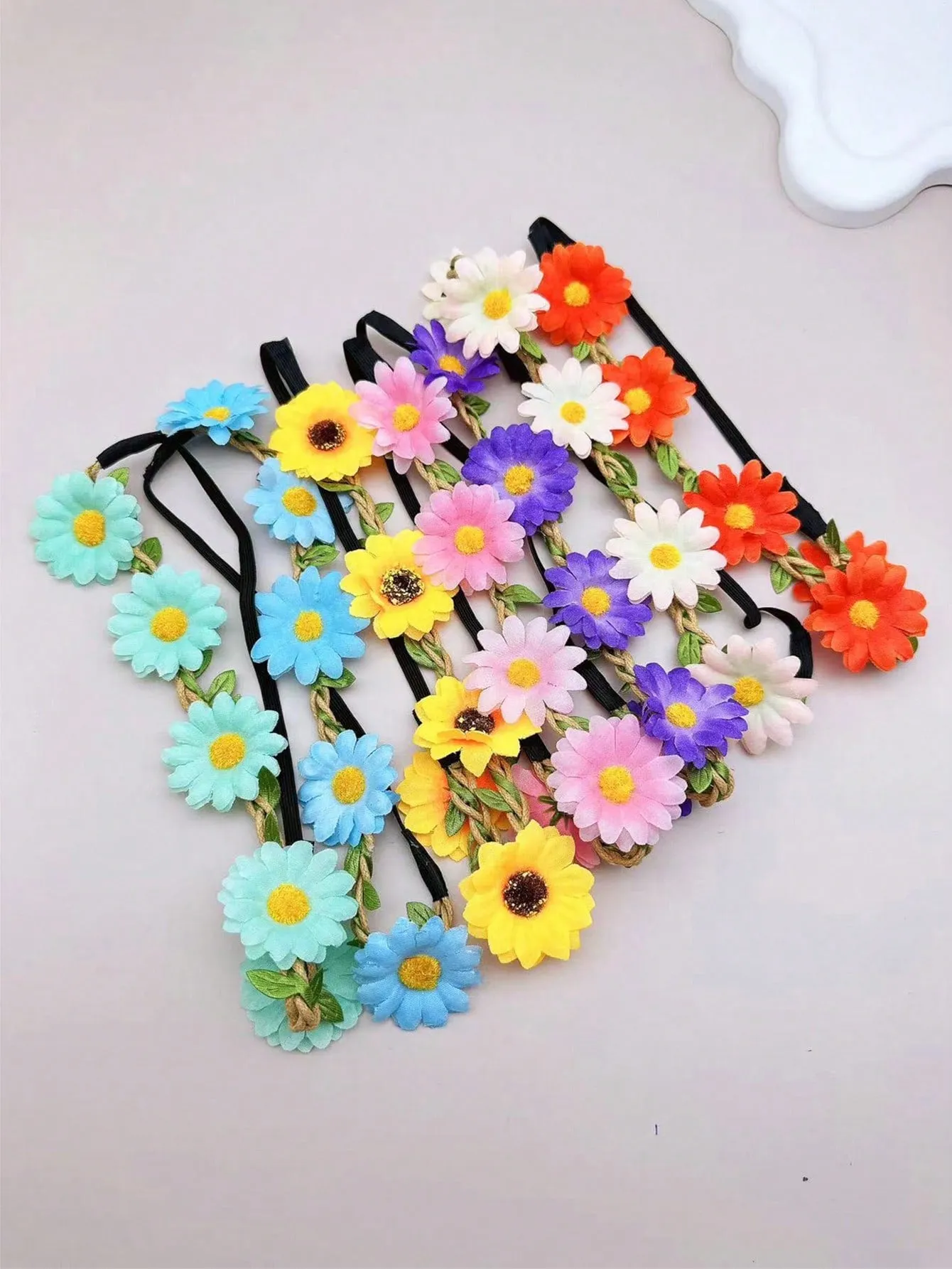 7pcs Bohemian Style Elastic Daisy Flower Hairbands Set, Sweet Vacation Style For Beach Holiday Wearing