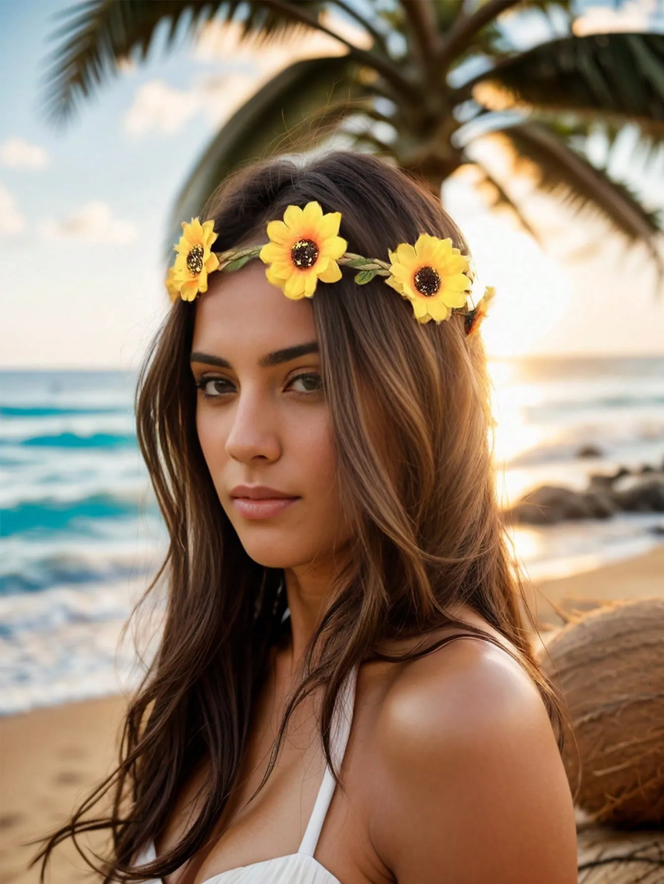 7pcs Bohemian Style Elastic Daisy Flower Hairbands Set, Sweet Vacation Style For Beach Holiday Wearing