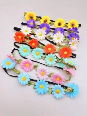 7pcs Bohemian Style Elastic Daisy Flower Hairbands Set, Sweet Vacation Style For Beach Holiday Wearing