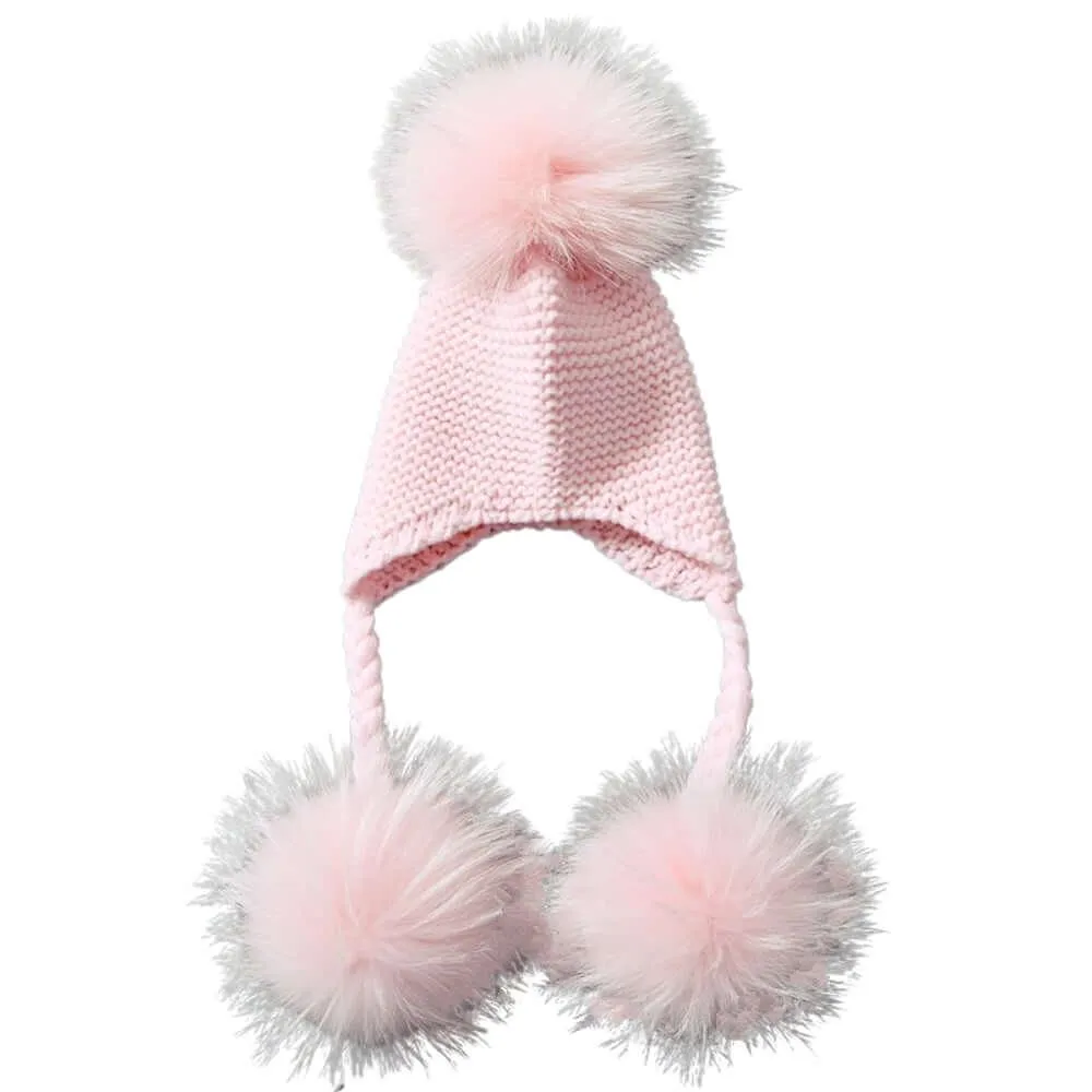 Baby Hat with Three Real Fur Pompoms