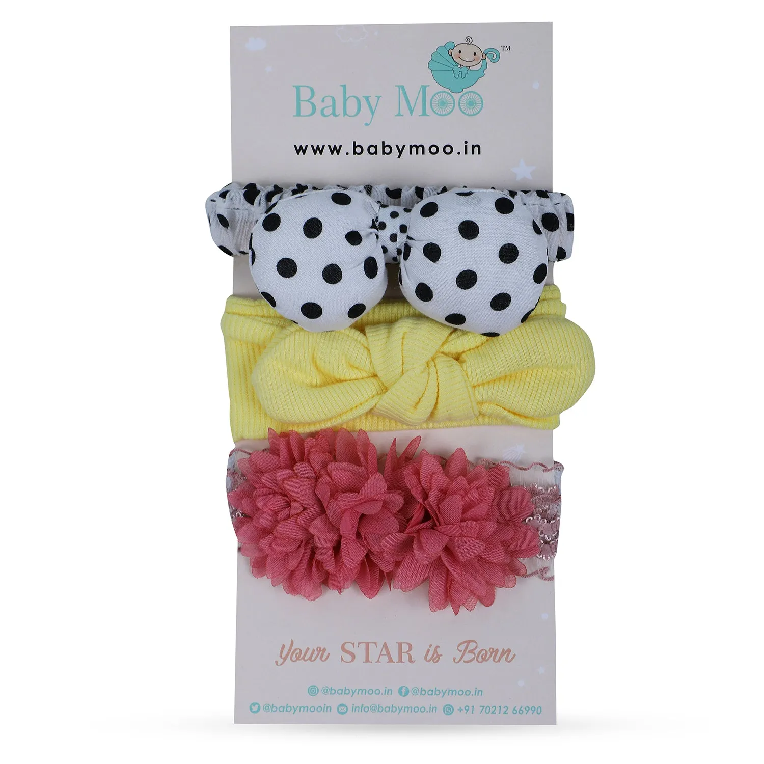 Baby Moo Floral Polka Dots Headband Set of 3 - Multicolour