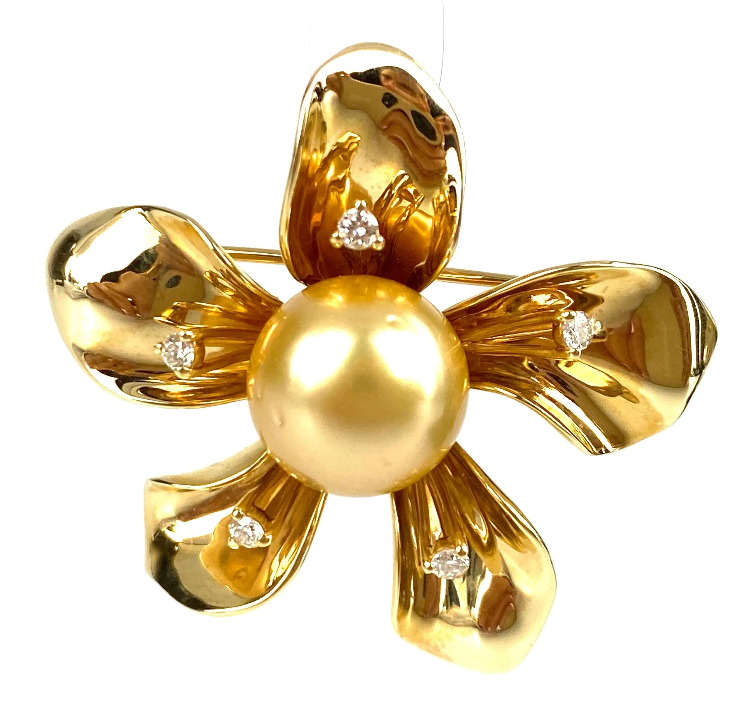 Beautiful 14K Golden SS Pin & Pendant W/ 12.5mm Golden South Sea Pearl W/ 5 Diamonds
