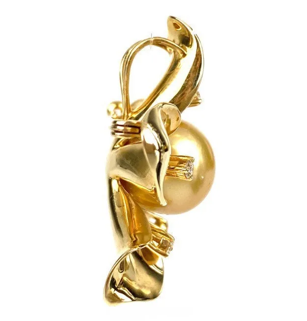 Beautiful 14K Golden SS Pin & Pendant W/ 12.5mm Golden South Sea Pearl W/ 5 Diamonds