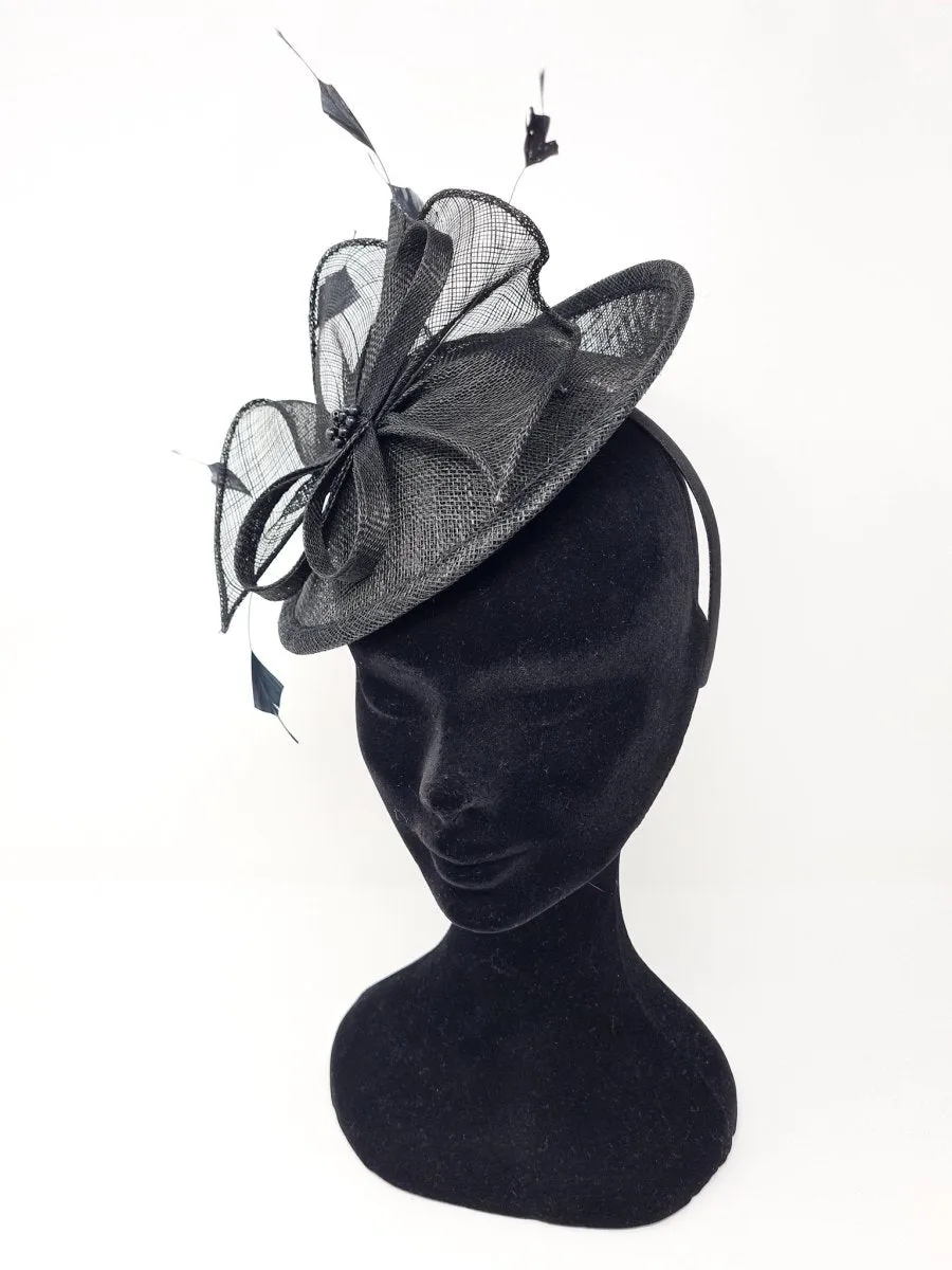 Black Feather & Bow Round Disc Fascinator