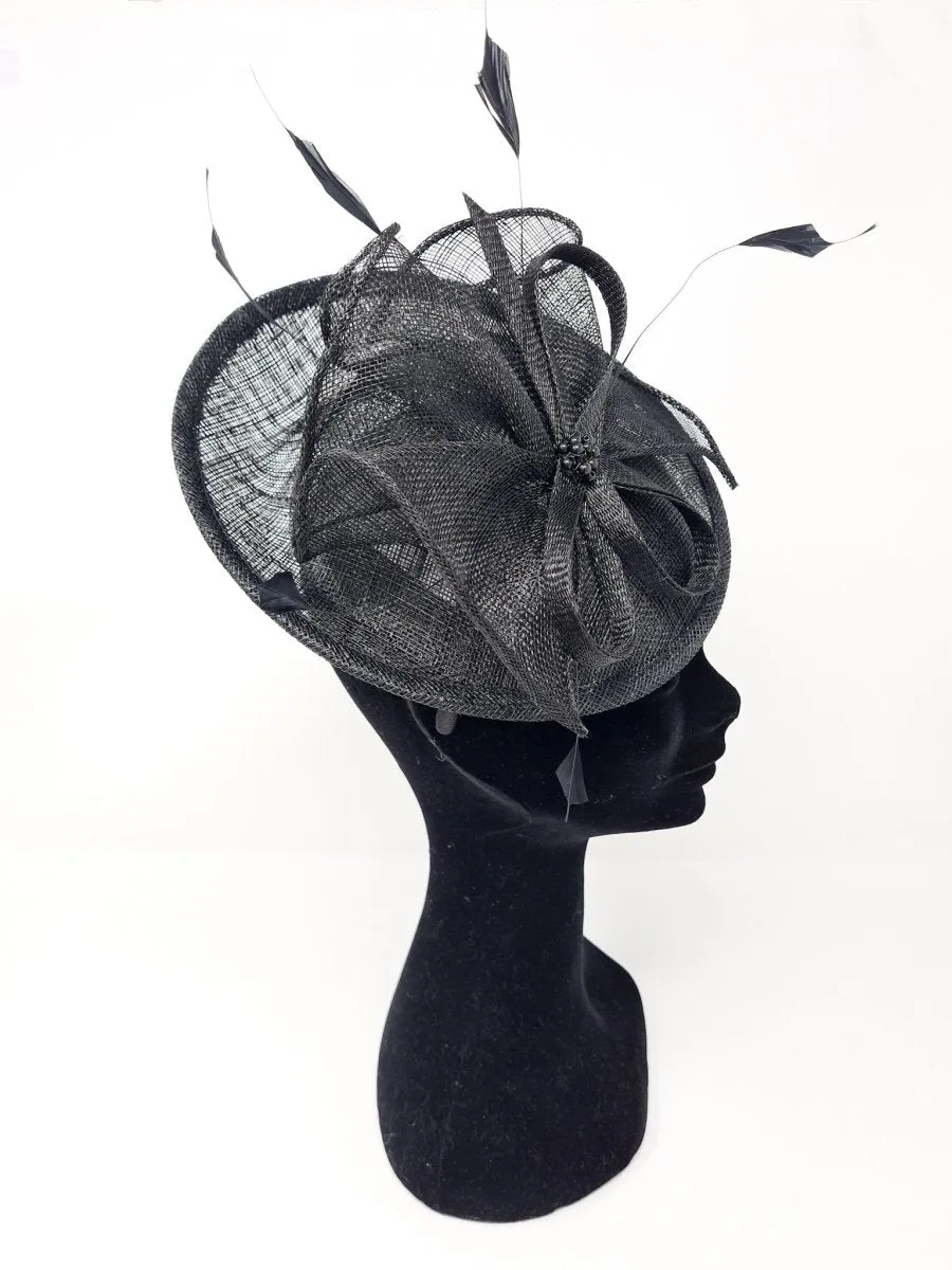 Black Feather & Bow Round Disc Fascinator