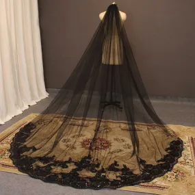 Cathedral Black Wedding Veil One Layer 3 Meters Long Bridal Veil with Comb Bling Sequins Lace Gothic Black Veil Head Accessories
