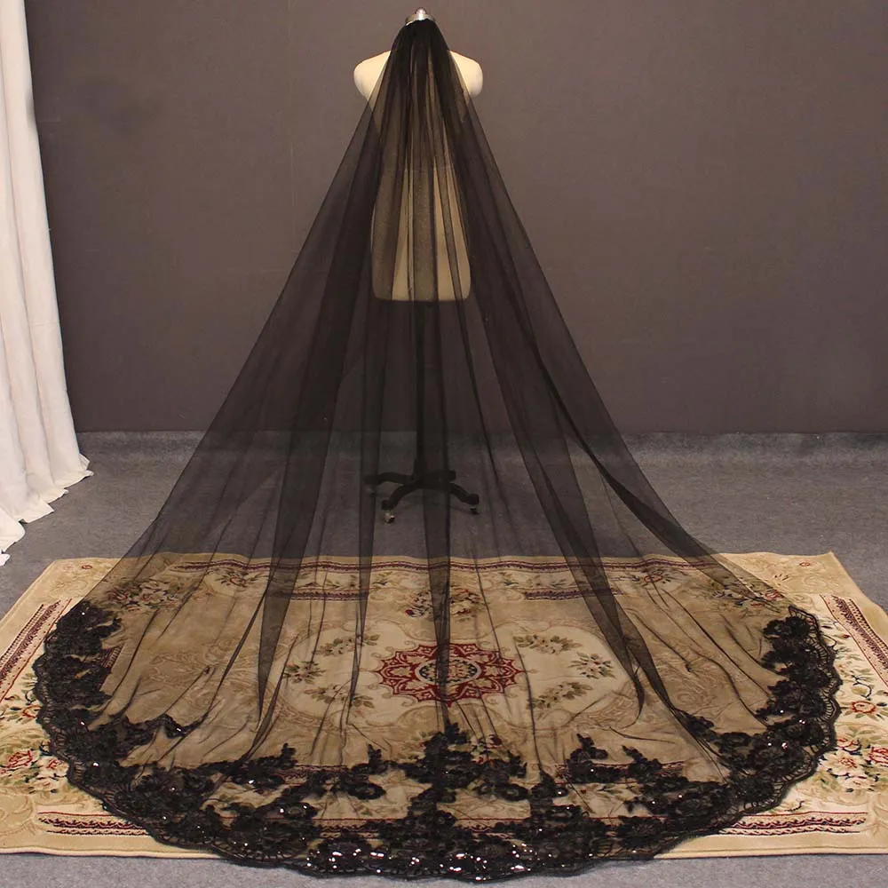 Cathedral Black Wedding Veil One Layer 3 Meters Long Bridal Veil with Comb Bling Sequins Lace Gothic Black Veil Head Accessories