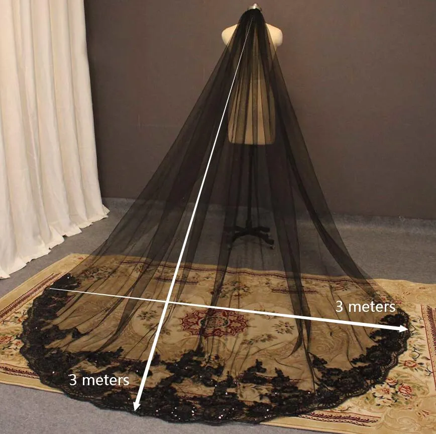 Cathedral Black Wedding Veil One Layer 3 Meters Long Bridal Veil with Comb Bling Sequins Lace Gothic Black Veil Head Accessories