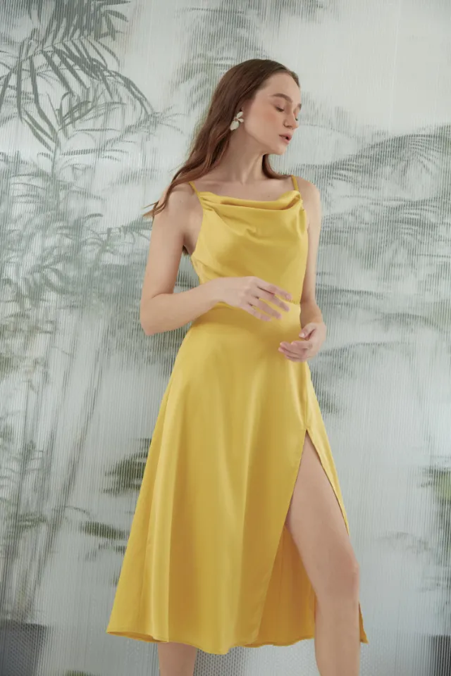 Citrine Cowl Neck Silk Dress