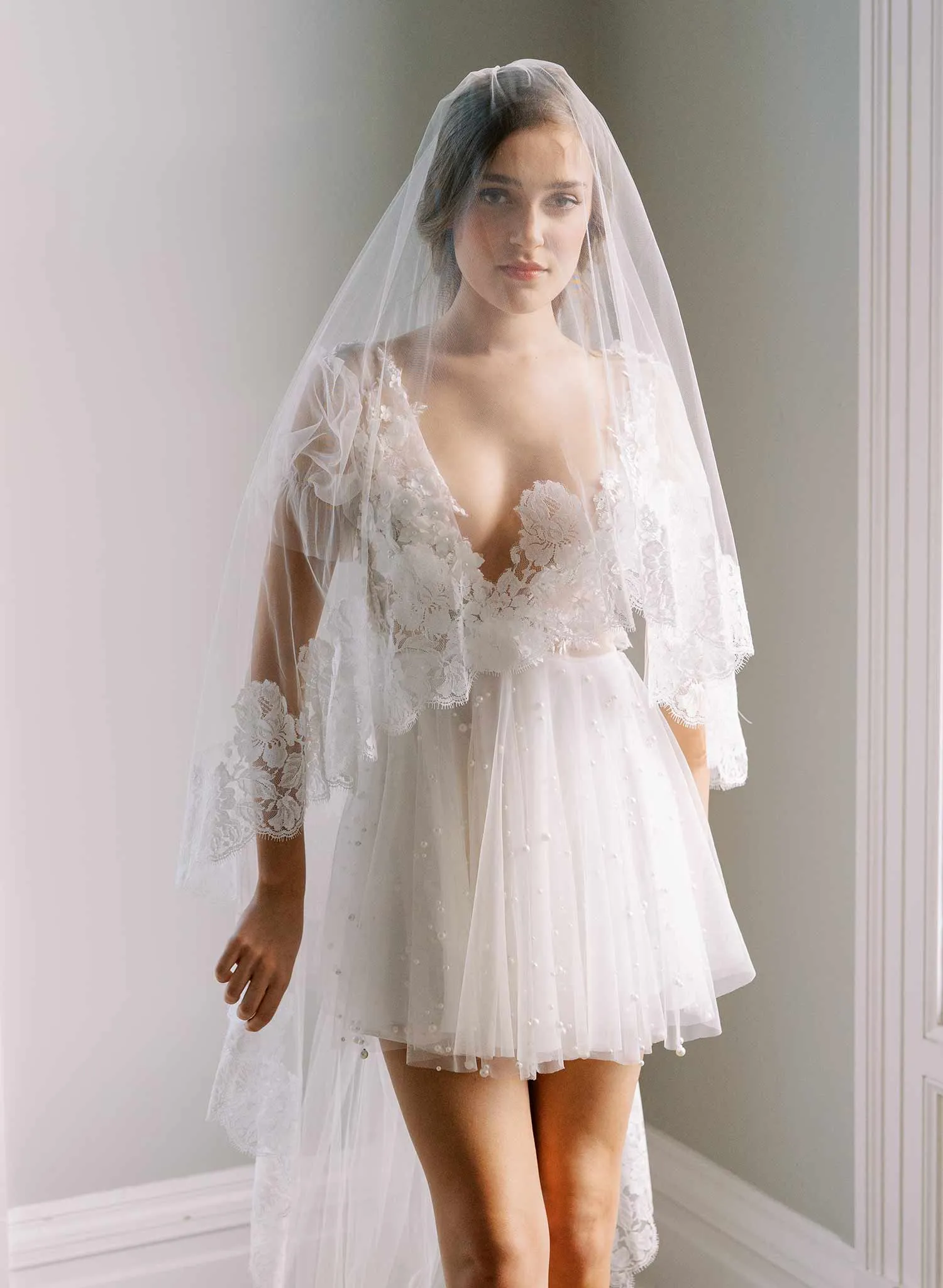Classic florals French lace veil with blusher - Style #2461