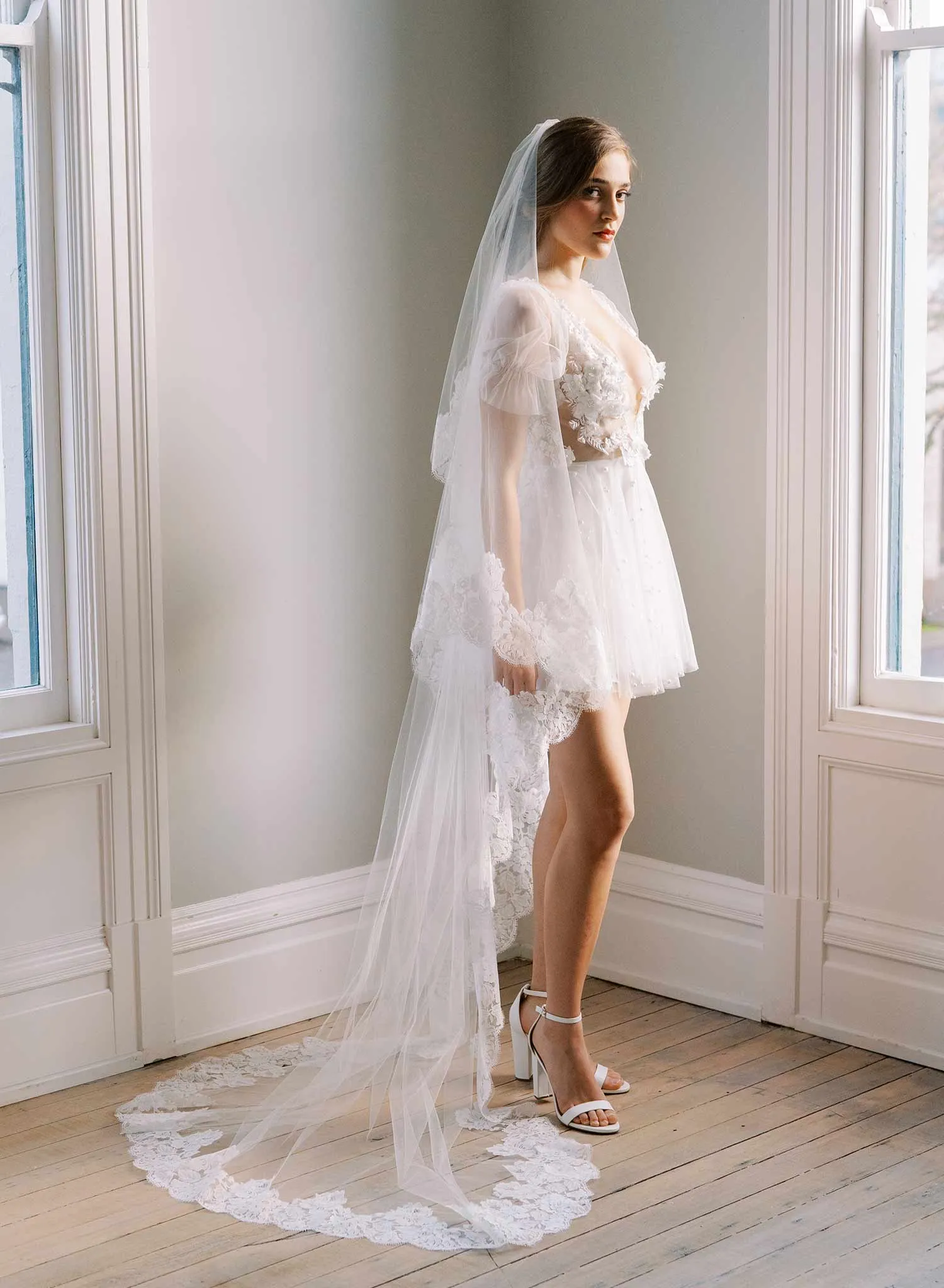 Classic florals French lace veil with blusher - Style #2461