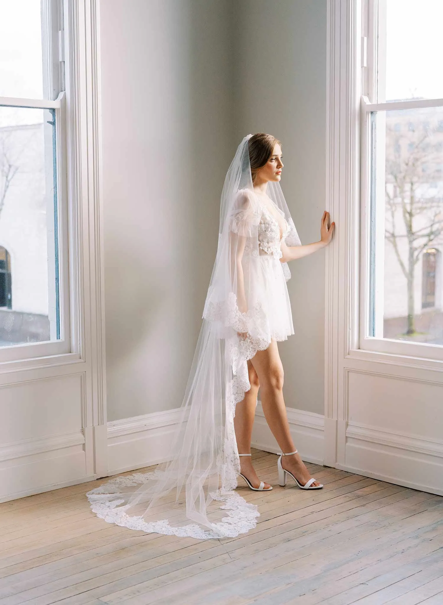 Classic florals French lace veil with blusher - Style #2461