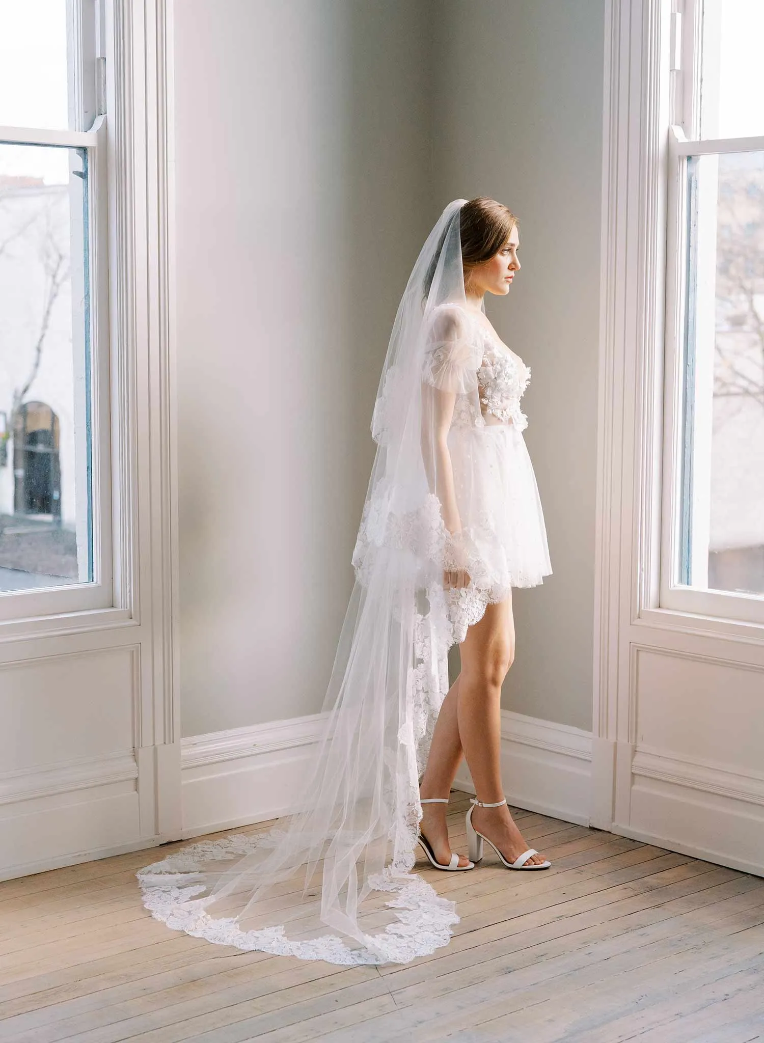 Classic florals French lace veil with blusher - Style #2461