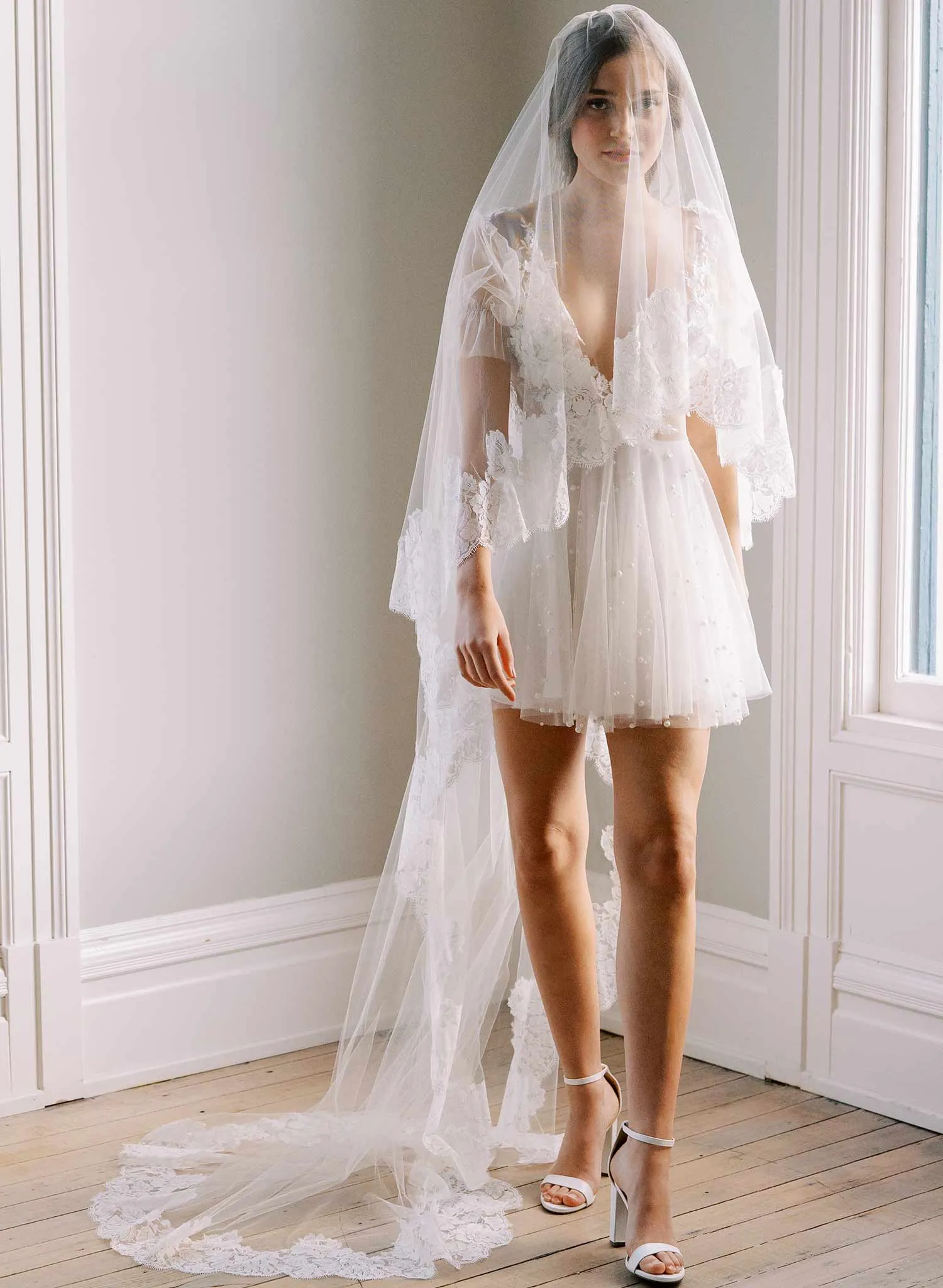 Classic florals French lace veil with blusher - Style #2461