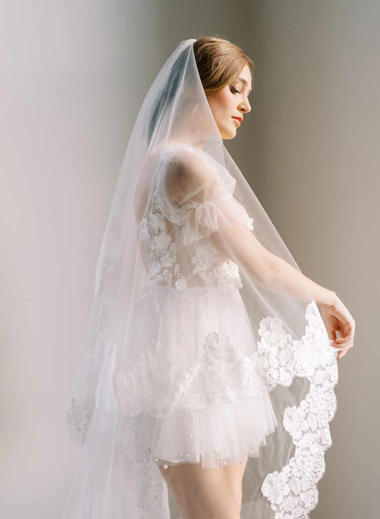 Classic florals French lace veil with blusher - Style #2461