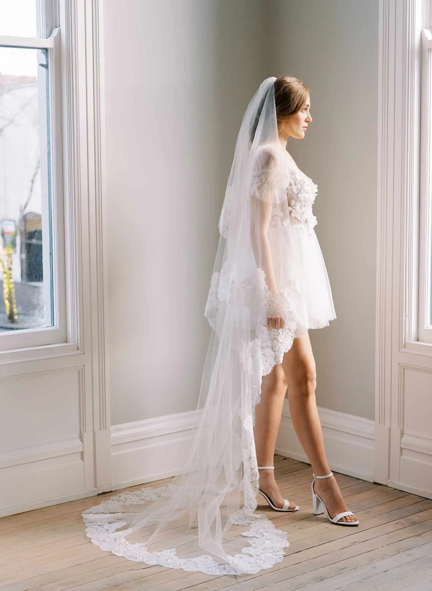 Classic florals French lace veil with blusher - Style #2461