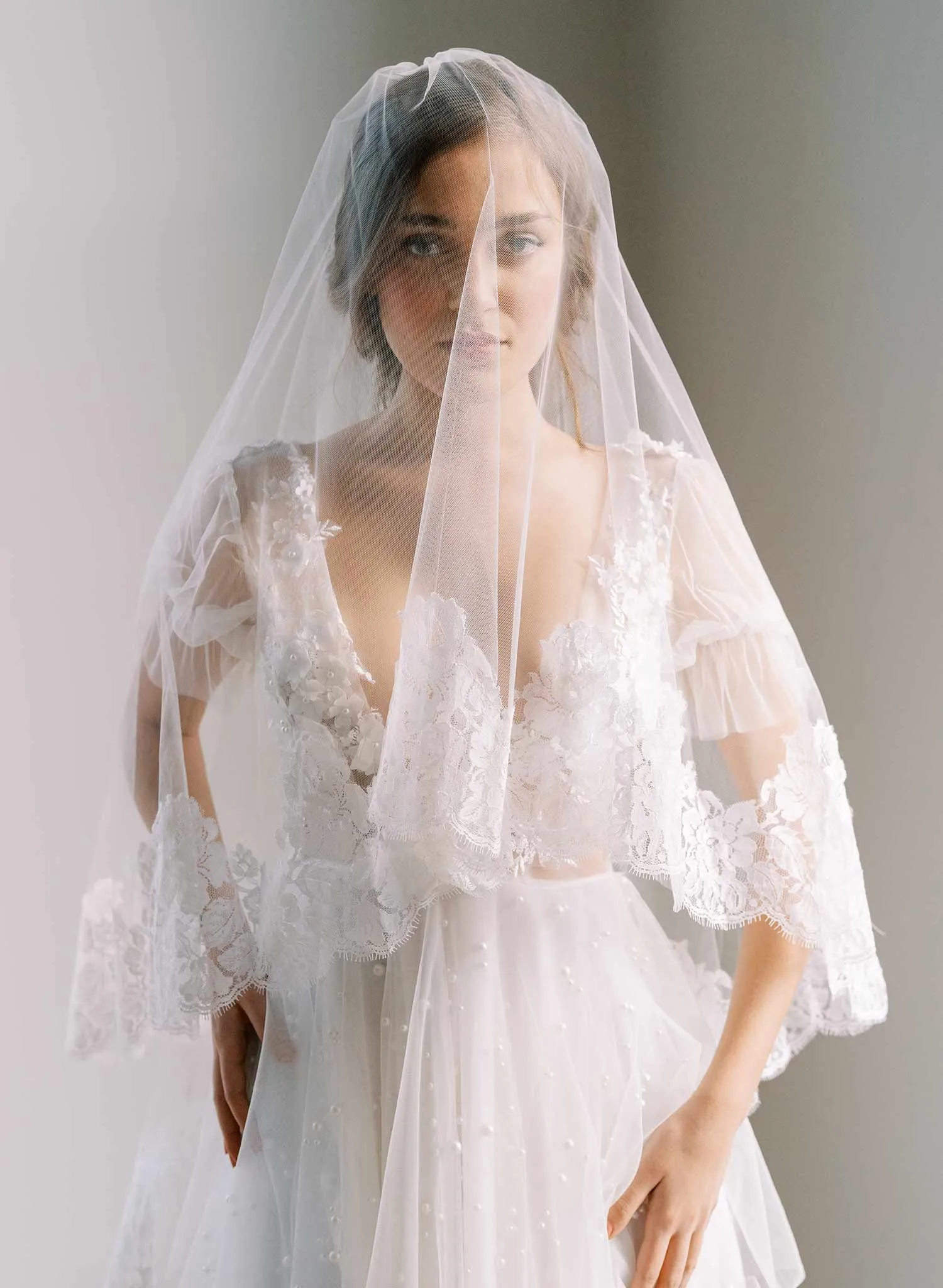 Classic florals French lace veil with blusher - Style #2461
