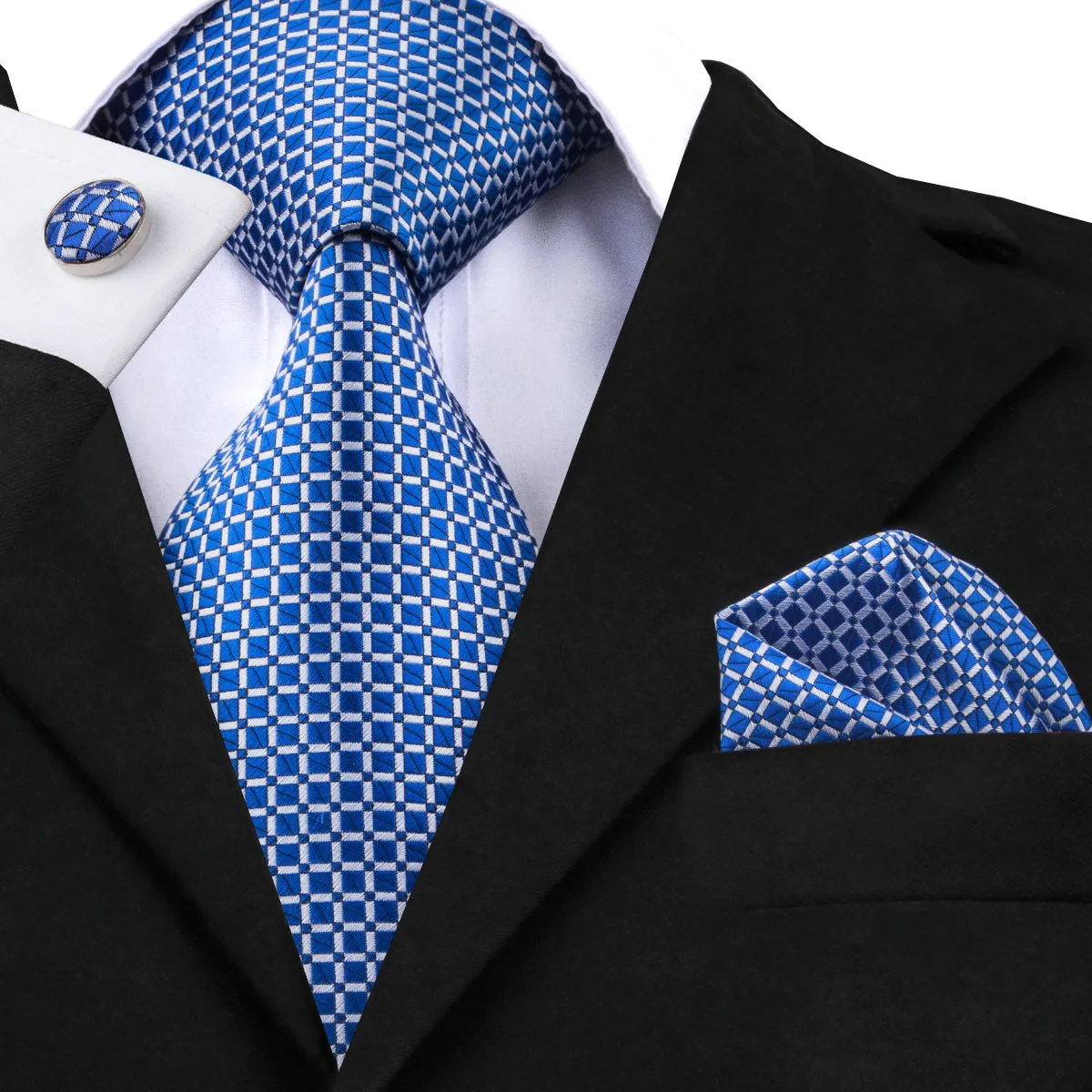 DiBanGu Men's Tie Navy Blue Plaid Silk Tie Handkerchief Cufflinks Set Attractive