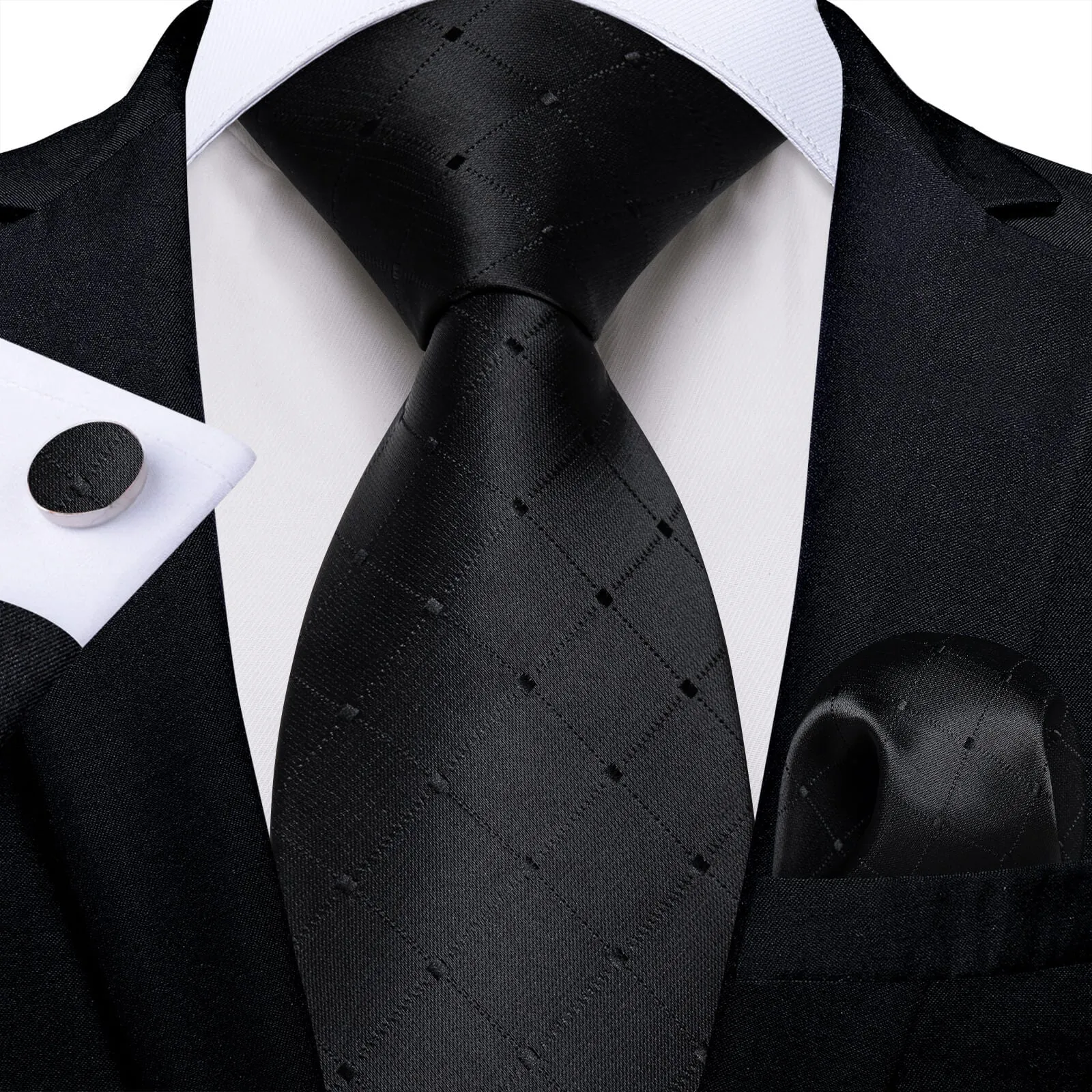 DiBanGu Men's Tie Navy Blue Plaid Silk Tie Handkerchief Cufflinks Set Attractive