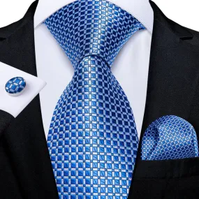 DiBanGu Men's Tie Navy Blue Plaid Silk Tie Handkerchief Cufflinks Set Attractive