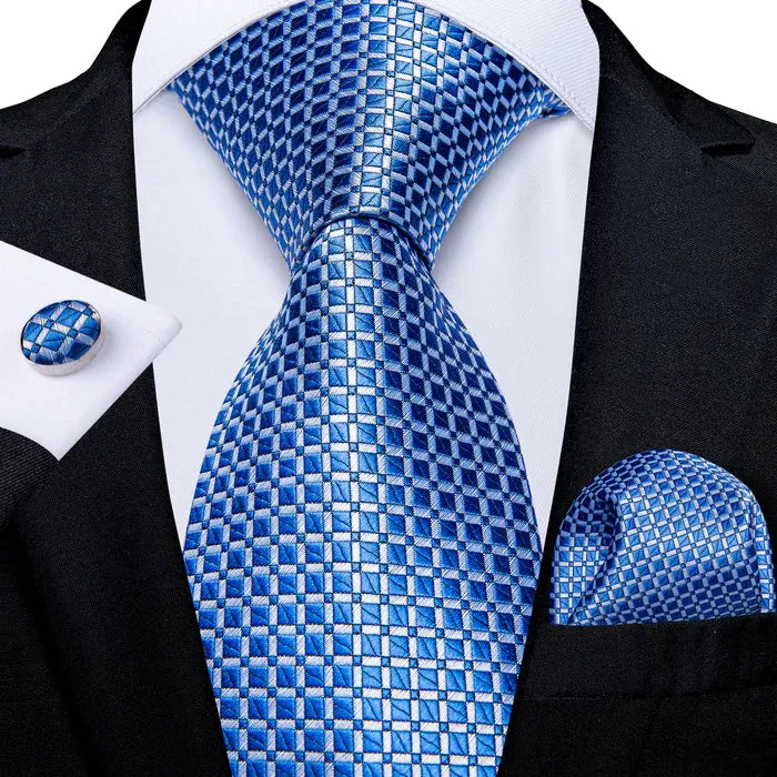 DiBanGu Men's Tie Navy Blue Plaid Silk Tie Handkerchief Cufflinks Set Attractive