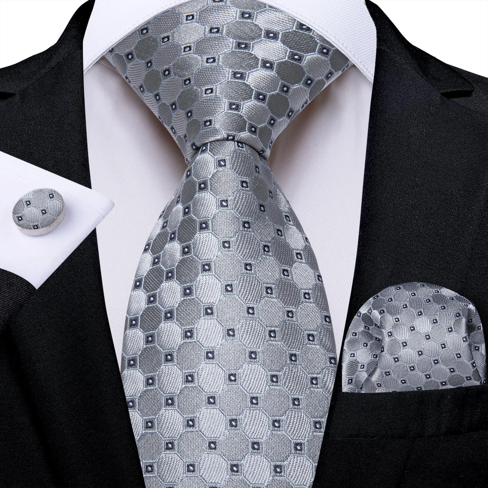 DiBanGu Men's Tie Navy Blue Plaid Silk Tie Handkerchief Cufflinks Set Attractive