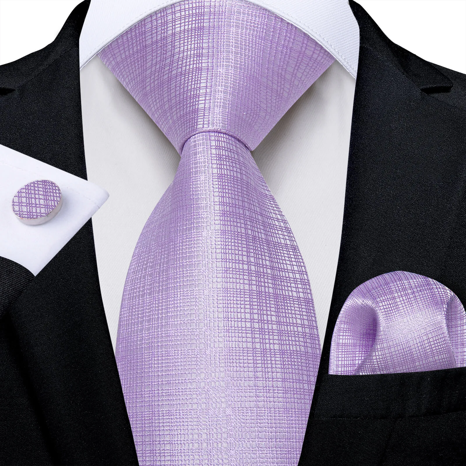 DiBanGu Men's Tie Navy Blue Plaid Silk Tie Handkerchief Cufflinks Set Attractive