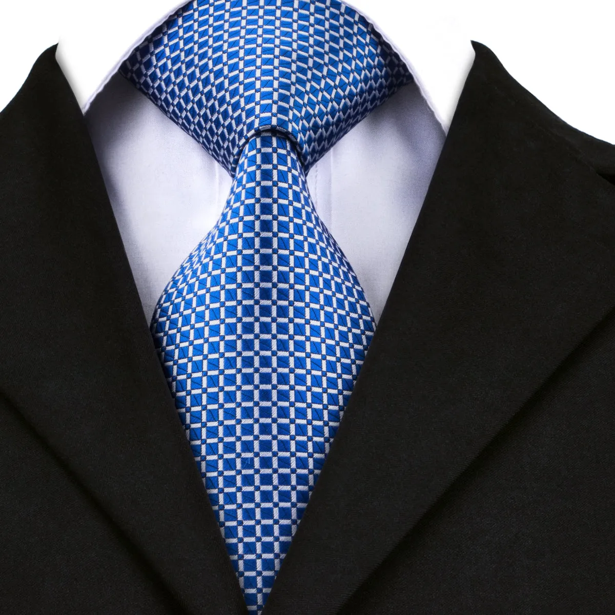DiBanGu Men's Tie Navy Blue Plaid Silk Tie Handkerchief Cufflinks Set Attractive