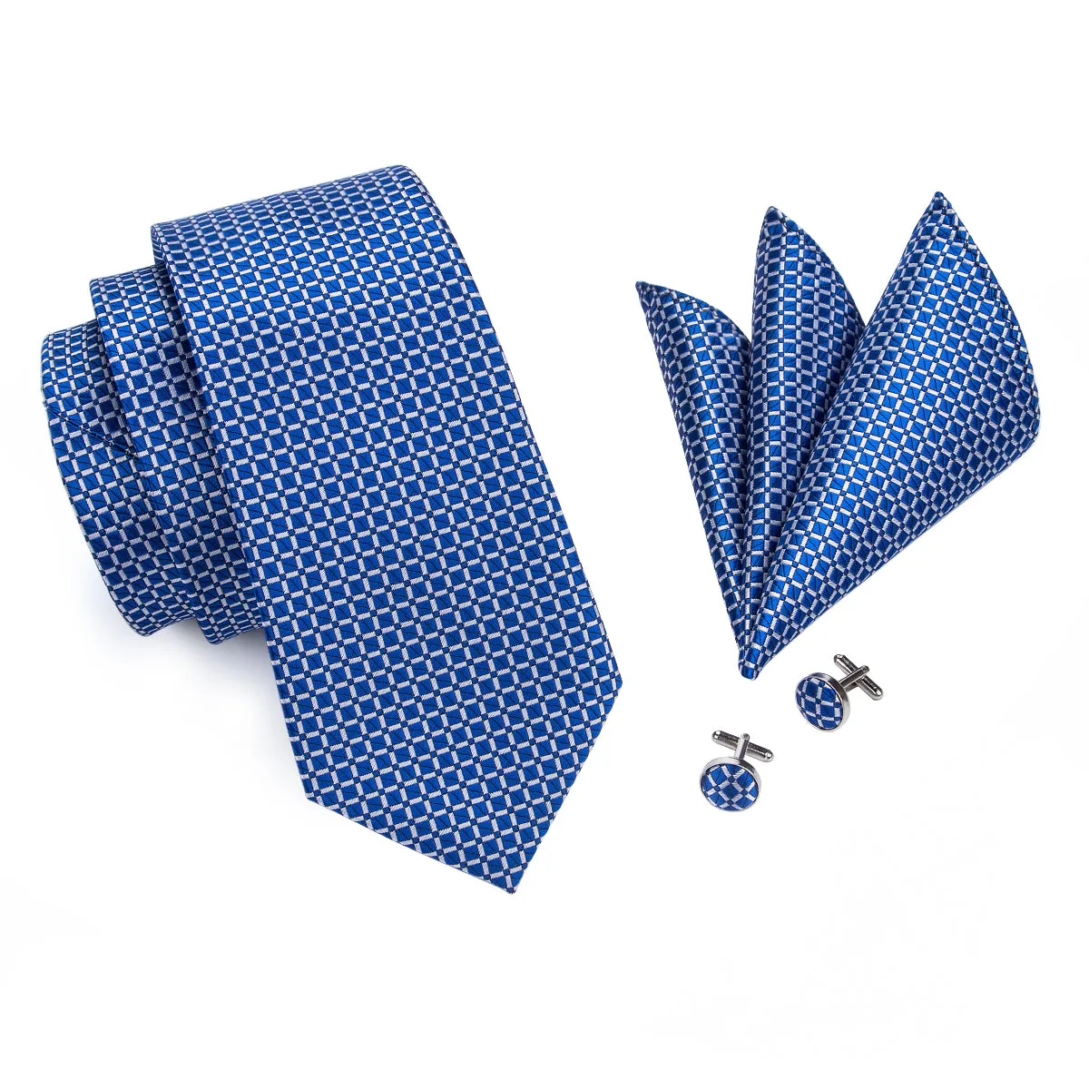 DiBanGu Men's Tie Navy Blue Plaid Silk Tie Handkerchief Cufflinks Set Attractive
