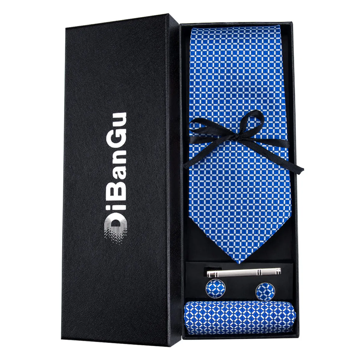 DiBanGu Men's Tie Navy Blue Plaid Silk Tie Handkerchief Cufflinks Set Attractive