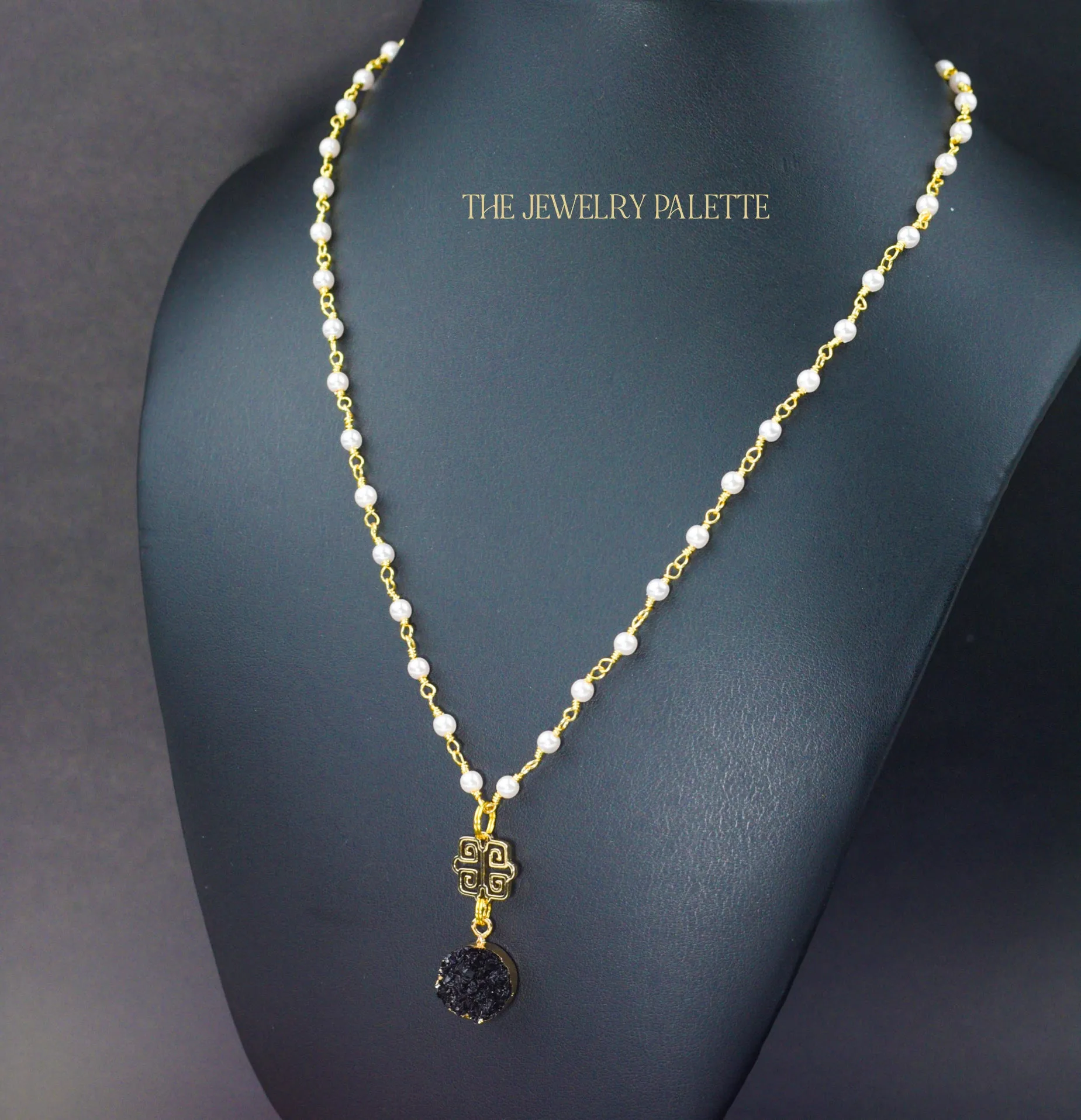 Elena pearl chain and druzy pendant necklaces