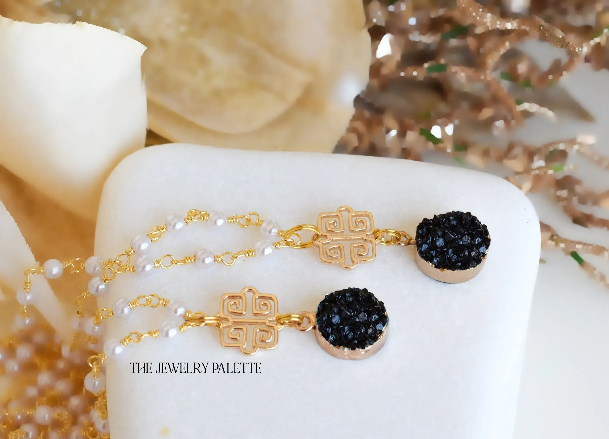 Elena pearl chain and druzy pendant necklaces