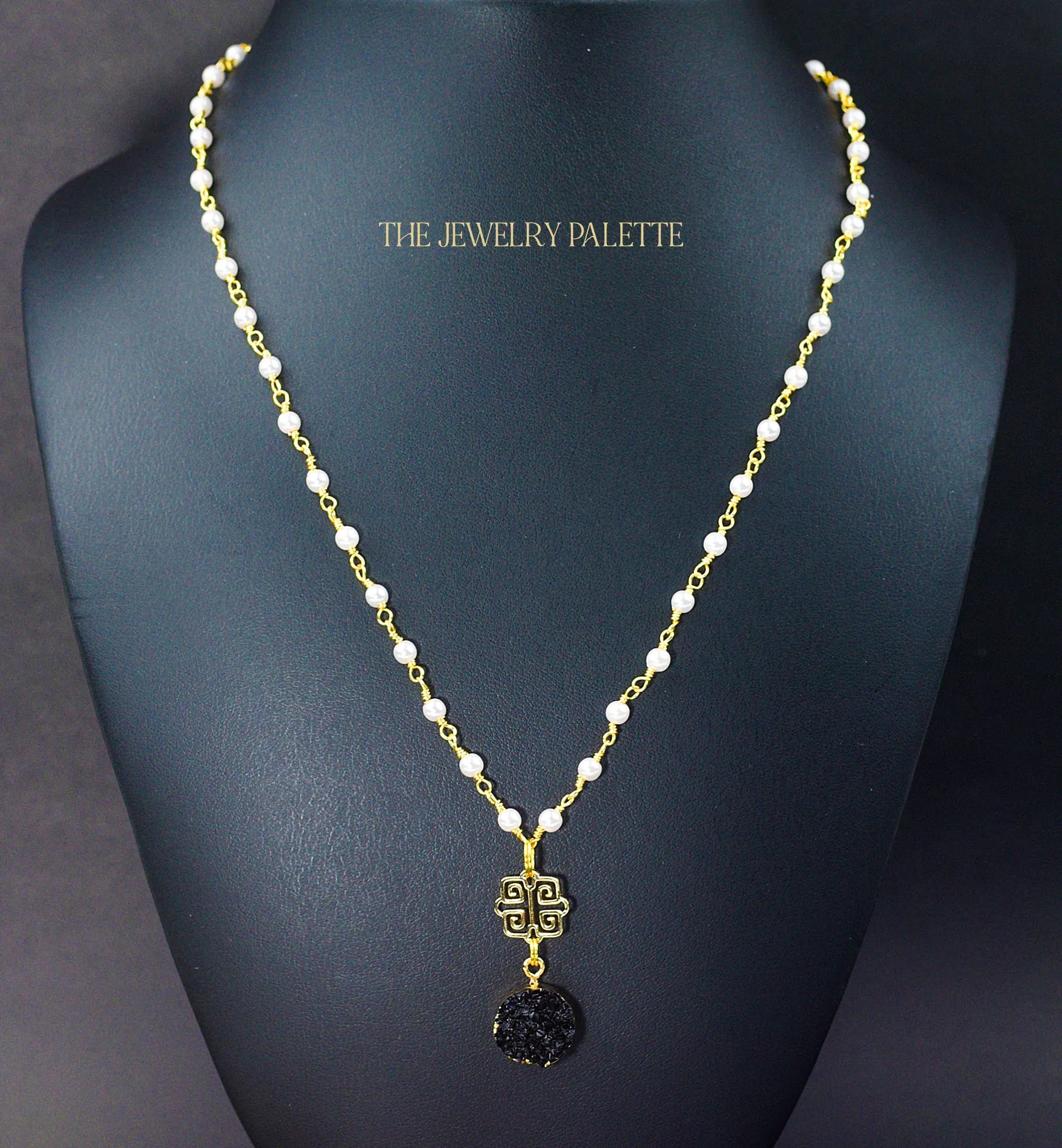Elena pearl chain and druzy pendant necklaces