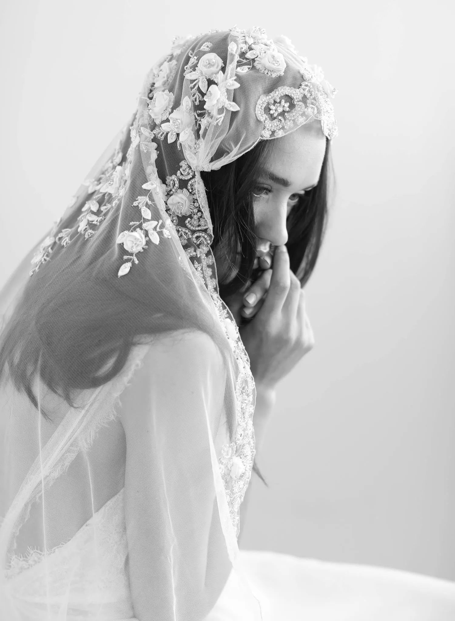 Embroidered floral and beaded juliet veil - Style #635