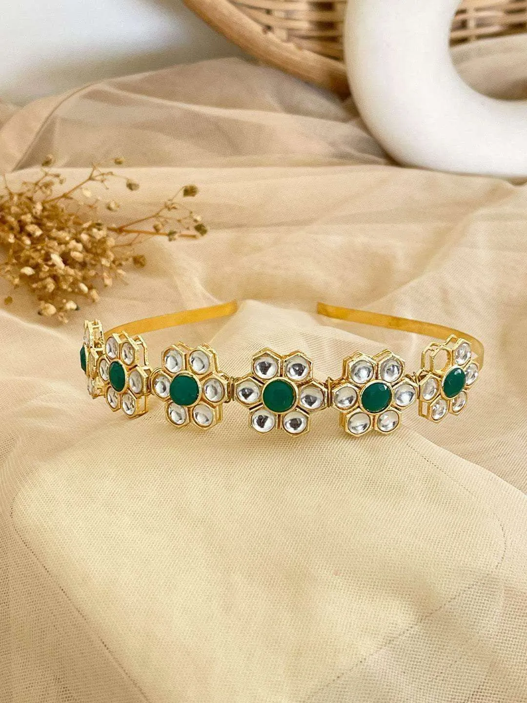 Floral Shaped Green Kundan Studded Hairband