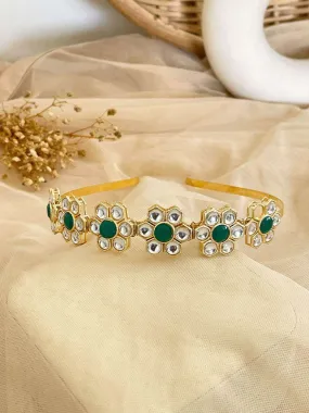 Floral Shaped Green Kundan Studded Hairband