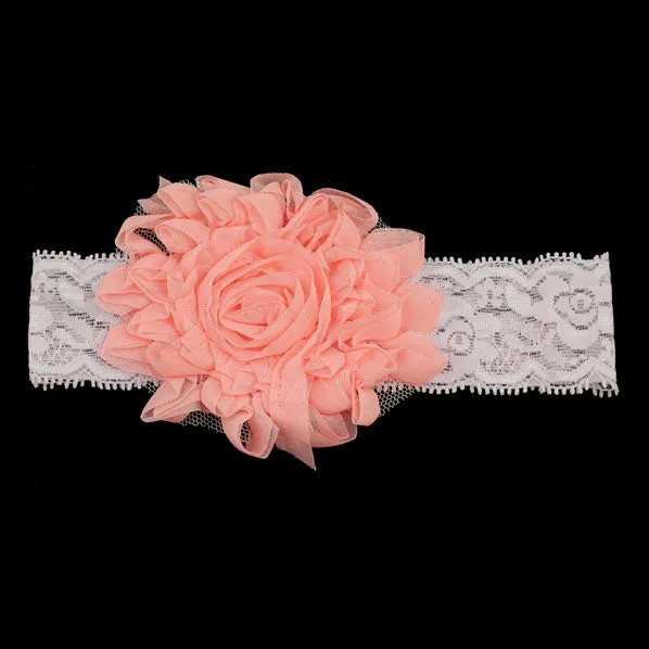 Girls Stretch Lace Headband with Large Flat Flower Peach