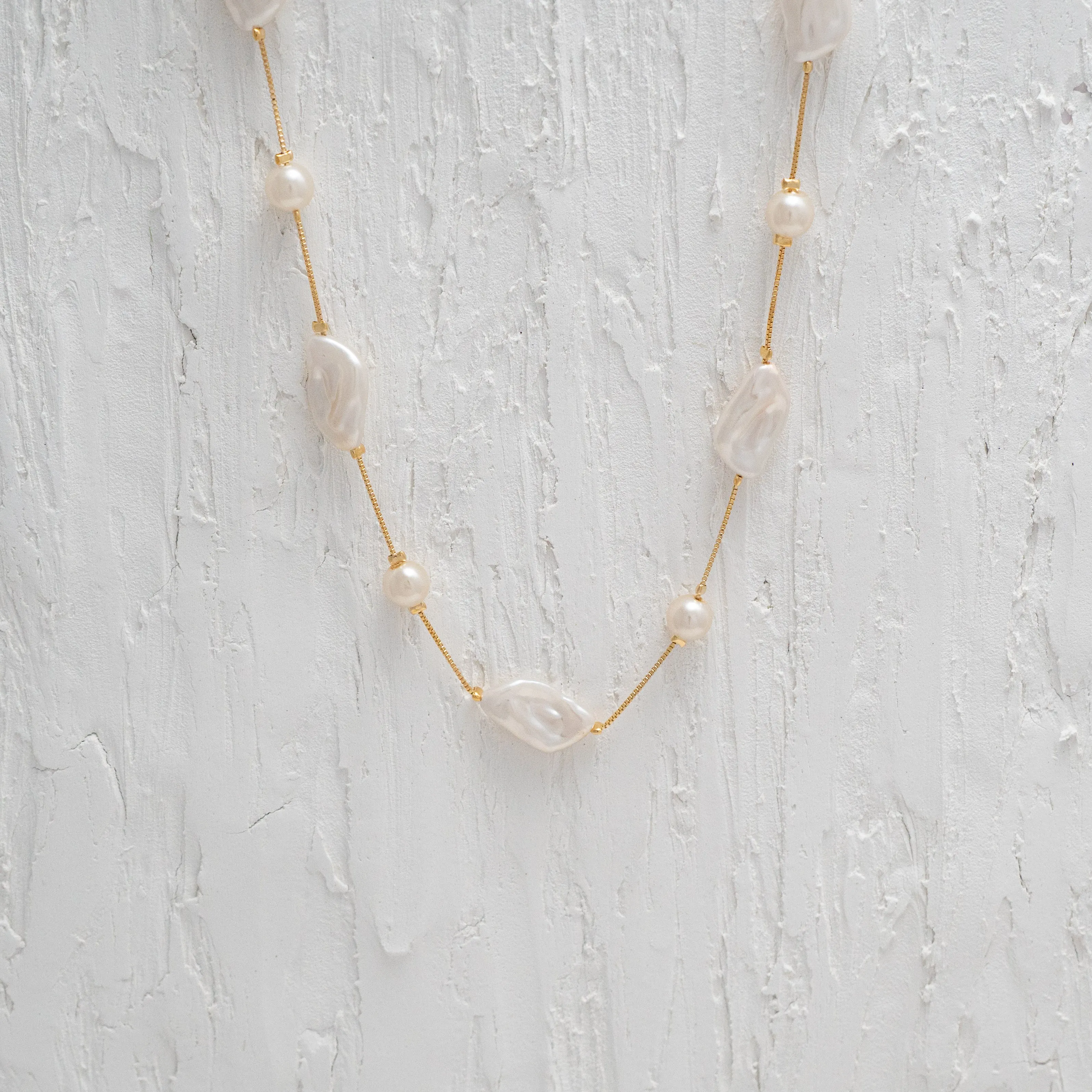 Gold and Flat Baroque Pearl Necklace