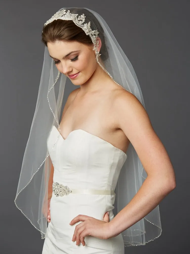 Gorgeous Beaded Edge Silver Lace Fingertip Bridal Veil