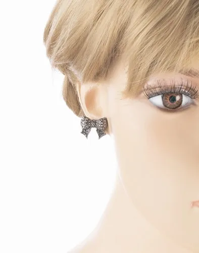 Gorgeous Fashion Ribbon Bow Design Crystal Rhinestone Pave Stud Earrings Black