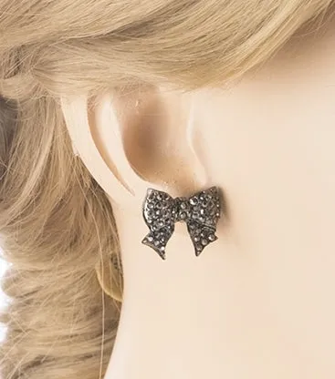 Gorgeous Fashion Ribbon Bow Design Crystal Rhinestone Pave Stud Earrings Black