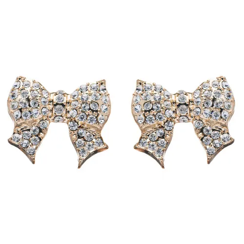 Gorgeous Fashion Ribbon Bow Design Crystal Rhinestone Pave Stud Earrings Gold