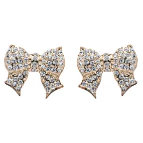Gorgeous Fashion Ribbon Bow Design Crystal Rhinestone Pave Stud Earrings Gold