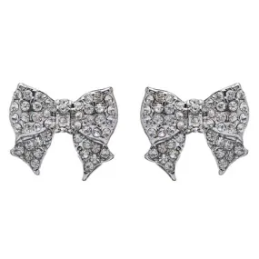 Gorgeous Fashion Ribbon Bow Design Crystal Rhinestone Pave Stud Earrings Silver