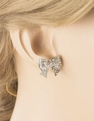 Gorgeous Fashion Ribbon Bow Design Crystal Rhinestone Pave Stud Earrings Silver