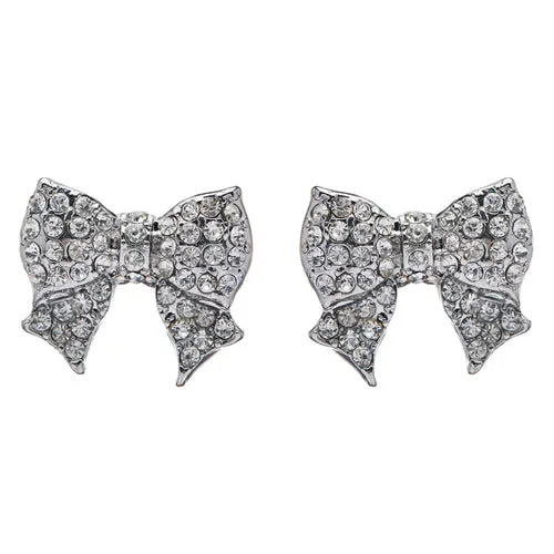 Gorgeous Fashion Ribbon Bow Design Crystal Rhinestone Pave Stud Earrings Silver