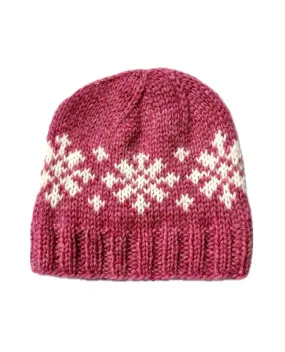 Handknit Wool Hat - Pink  / White Frostroses
